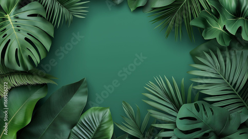 green wallpaper with leaves and space in the middle to insert text or product.