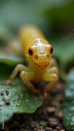 Obraz na płótnie Close-up of a yellow salamander on green leaf and soil w salonie