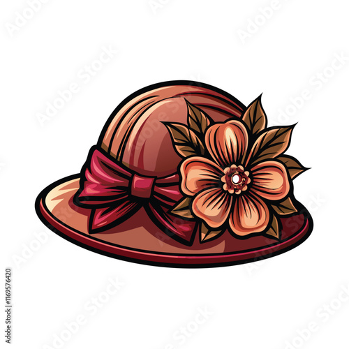 A vintage cloche hat with a large red bow and a flower on the side.
