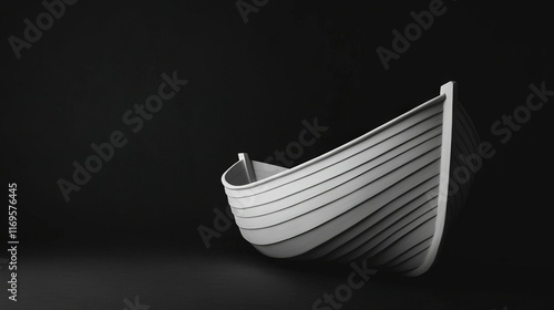  A monochromatic image of a boat in a dimly lit room, featuring a distinct white line along one side photo