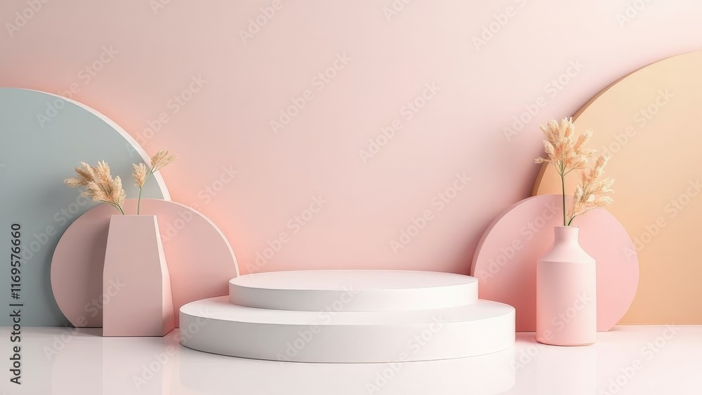 Pastel product podium with minimal floral vases and geometric background
