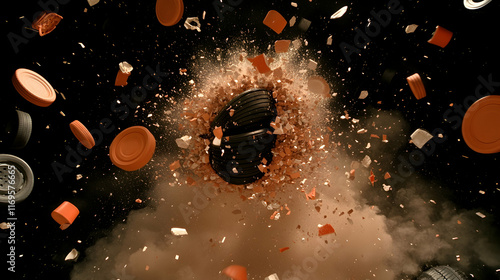 Clay pigeon shattering into pieces mid-air.