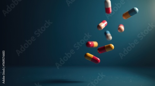 Abstract image of colorful pills and capsules falling against a dark blue background.