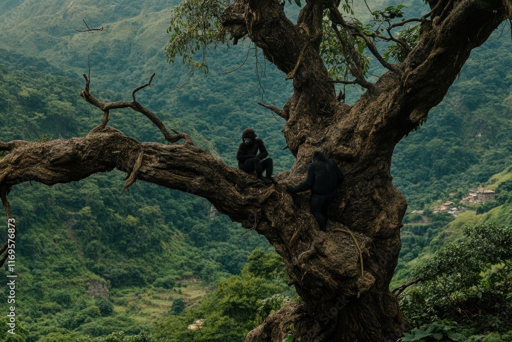 Two monkeys perched on a large, old tree branch overlooking a lush green valley and distant mountains. Two monkeys perched on a large, old tree branch overlooking a lush green valley and distant mountains.