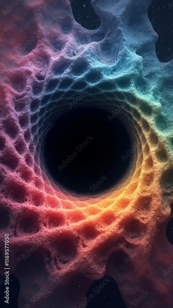Abstract 3D render of rainbow-colored tunnel with organic porous structure
