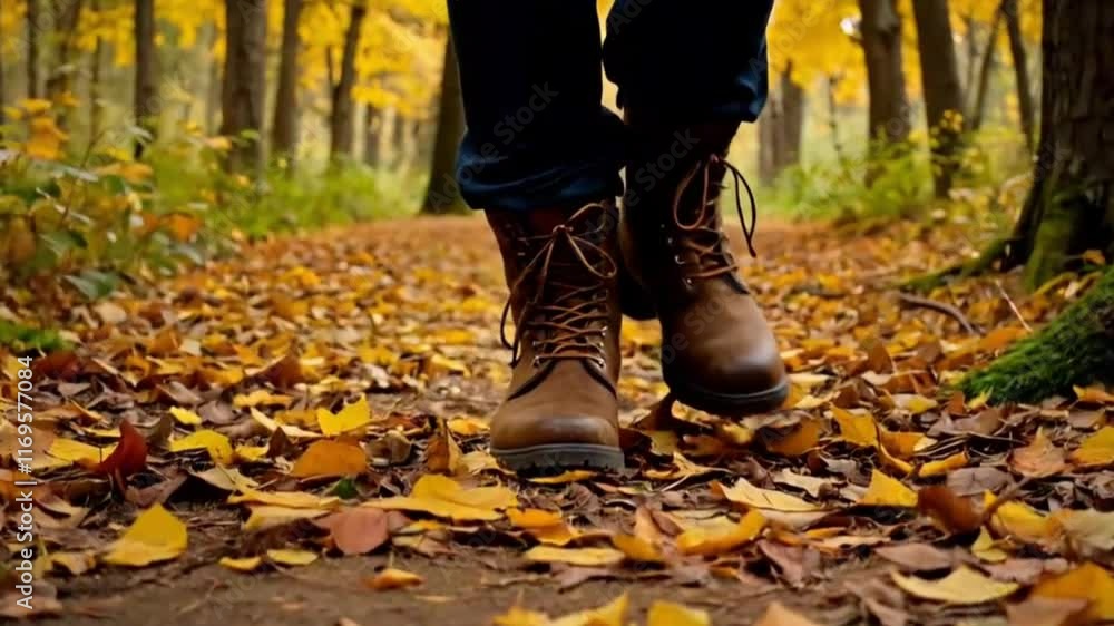 Close-up of brown boots walking on a forest path covered with autumn leaves in warm golden tones Close-up of brown boots walking on a forest path covered with autumn leaves in warm golden tones