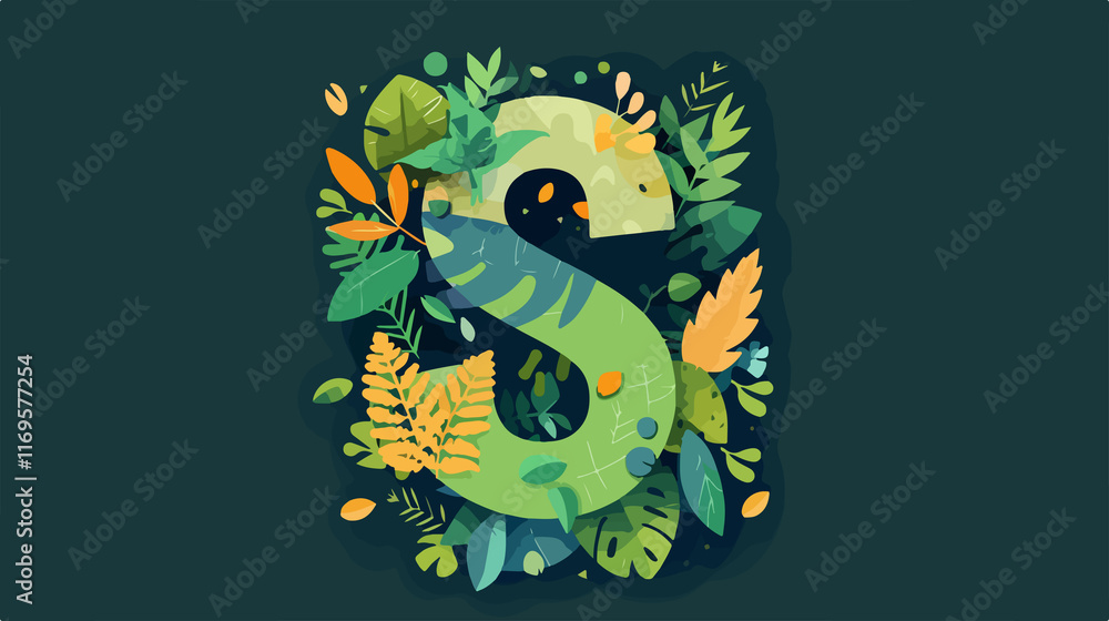 Decorative Letter S with Green Leaves in Vector Style Decorative Letter S with Green Leaves in Vector Style