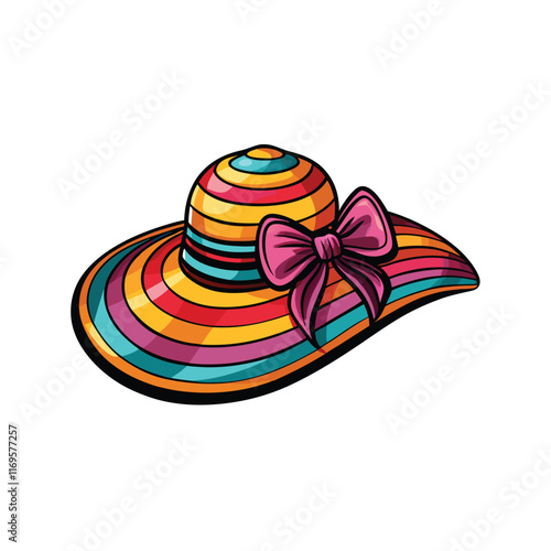 A wide-brimmed floppy beach hat with a pink bow, decorated with colorful stripes.