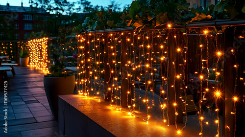 Warm fairy lights illuminate a patio fence at dusk.
