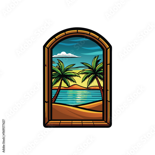 A window frame in the middle of a desert, showing a beautiful beach scene with palm trees and a sunset.