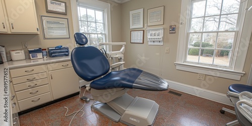 Comfortable Dental Office Setting Featuring a Modern Blue Dentist Chair and Classic Interior Design with Natural Light from Large Windows photo