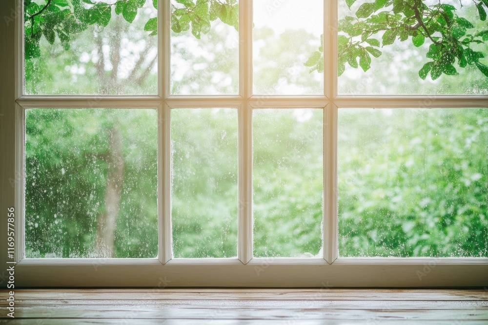 Naklejka premium Rainy day view through a window with greenery in the background and raindrops on the glass