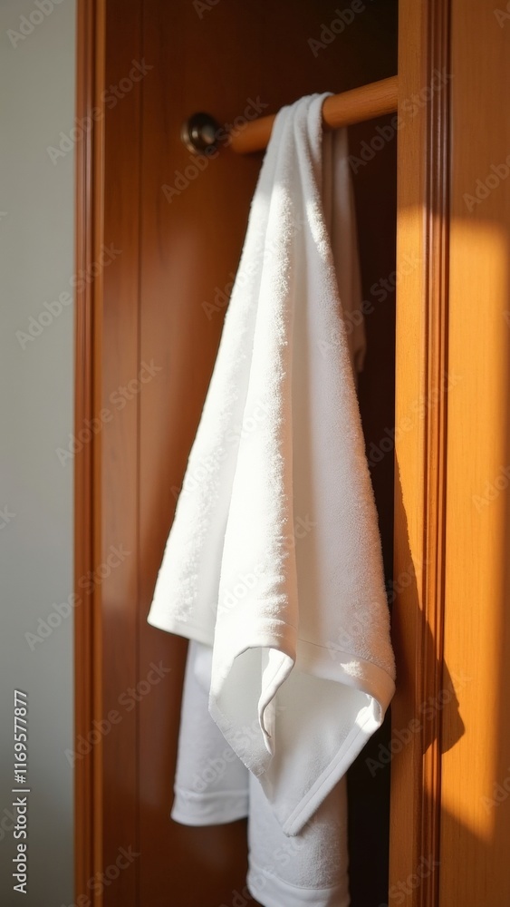 Clean white towels neatly hanging on a wooden rack illuminated by soft sunlight Clean white towels neatly hanging on a wooden rack illuminated by soft sunlight