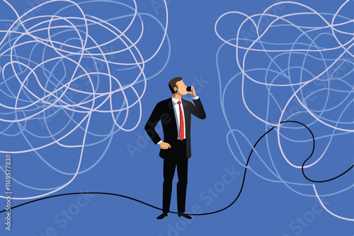 A businessman on a phone call is surrounded by tangled lines, representing the complexities of communication.