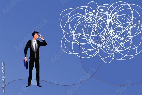 A businessman on the phone with tangled lines connecting him to a ball of knots representing confusion.