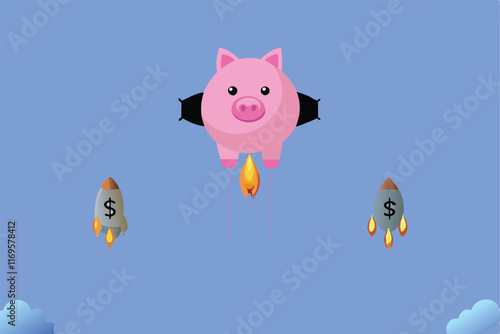 A piggy bank with rocket boosters and flames, flying with a dollar sign, representing financial growth and wealth.