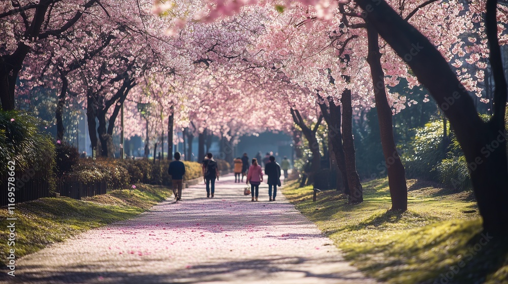 A quiet city park in spring, with cherry blossoms in full bloom, their pink petals floating gently to the ground as people walk along a path under the shade of the trees.