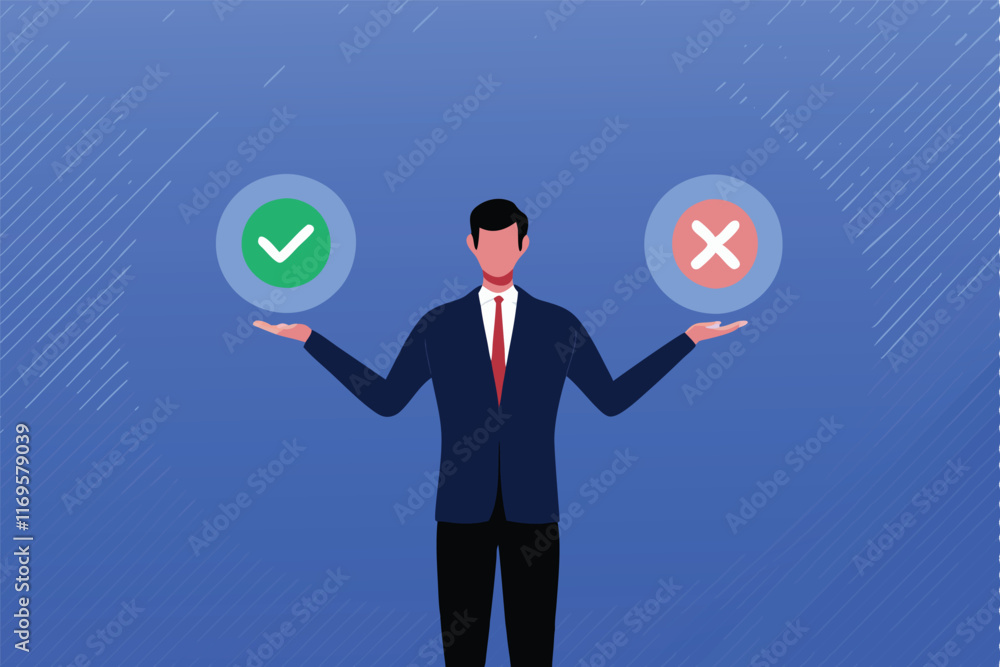 A businessman holds up a green checkmark and a red X. A businessman holds up a green checkmark and a red X.
