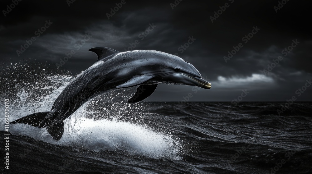 Obraz premium Dynamic Dolphin Leaping in Dark Ocean Waves