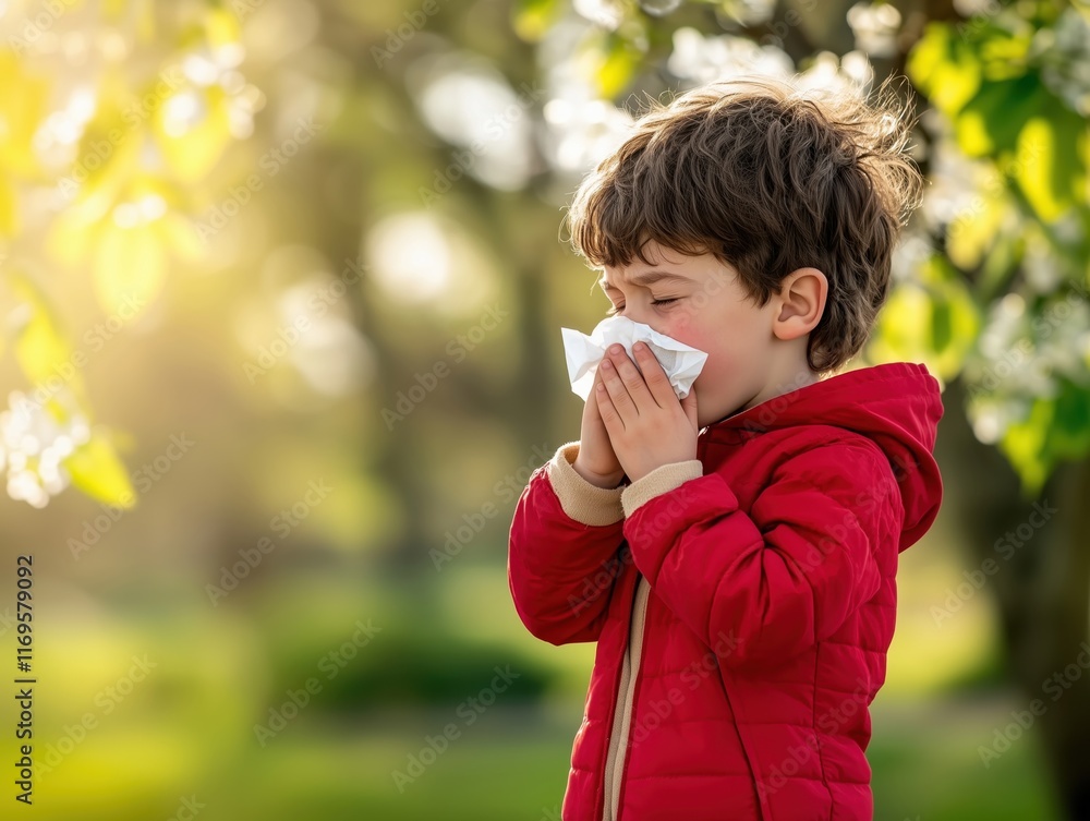cute child sneezing outdoors into a handkerchief. Picture for hay fever, cold, allergies