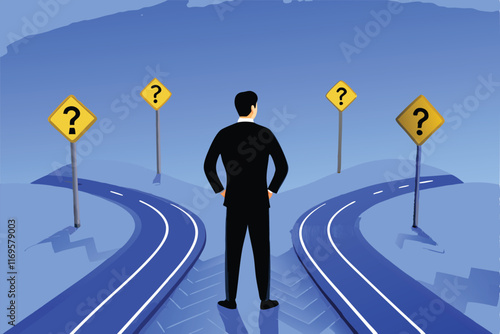 A businessman stands at a fork in the road, facing three question mark signs, symbolizing uncertainty in his career path.