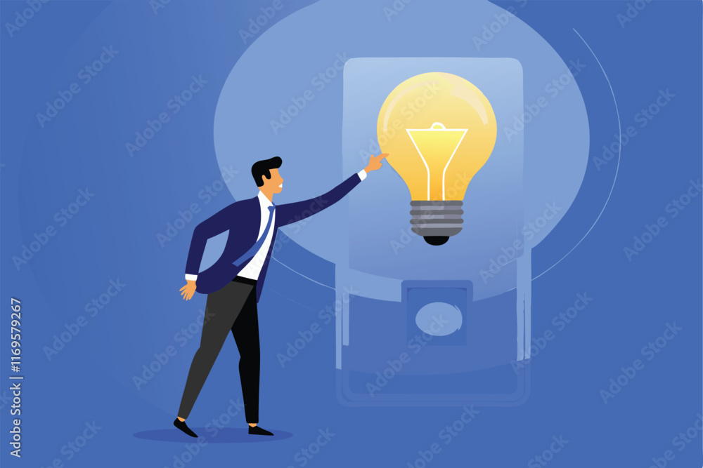 A businessman finds the solution to a company problem, a light bulb inside a thought bubble. A businessman finds the solution to a company problem, a light bulb inside a thought bubble.