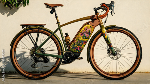 Artistic electric gravel bike with floral design. photo