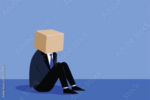 A businessman sits with a box over his head, symbolizing failure and hiding from the world.