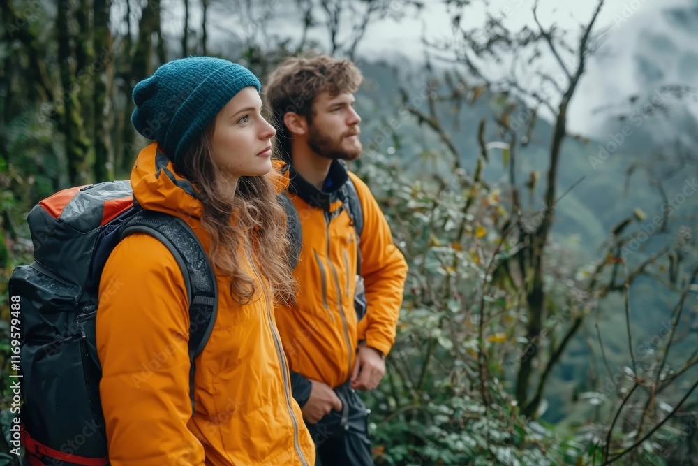 Fototapeta premium Two hikers wearing orange jackets and backpacks, standing in a misty forest on a mountain trail, admiring the serene and foggy landscape around them.