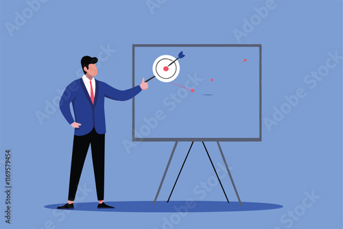 Businessman pointing to a target on a whiteboard, symbolizing achievement and goal setting in business strategy.