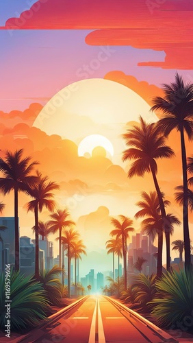 Colorful sunset over palm-fringed street, silhouettes creating stunning contrast, cars parked along road, perfect for showcasing urban lifestyle, travel, and adventure themes.