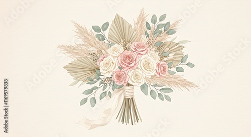 Wallpaper Mural Delicate bouquet of pink and white roses, dried pampas grass, eucalyptus leaves, palm leaves, and a pretty ribbon. Torontodigital.ca