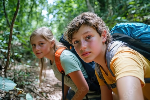 Two young hikers with backpacks exploring a dense green forest, looking curious and adventurous, surrounded by natural light filtering through the trees. photo