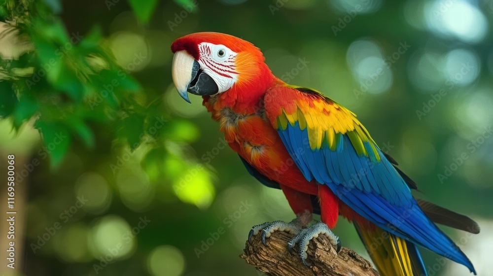 Scarlet macaw perched on a branch in lush tropical forest Scarlet macaw perched on a branch in lush tropical forest