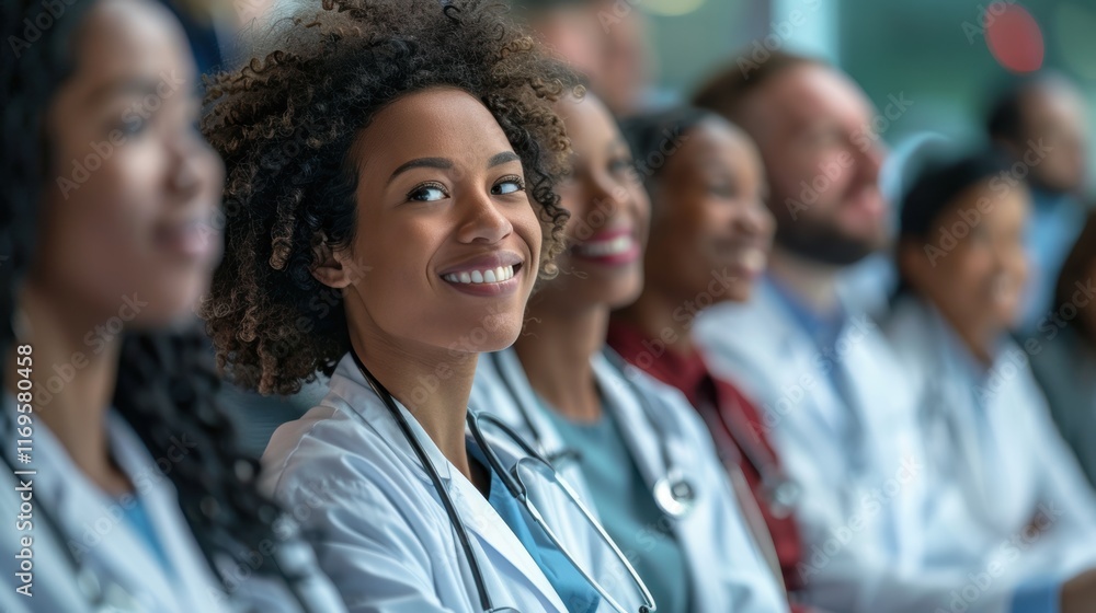 Fototapeta premium Medical professionals attending a conference, showcasing a diverse group of doctors in white coats, engaged in collaborative learning and networking