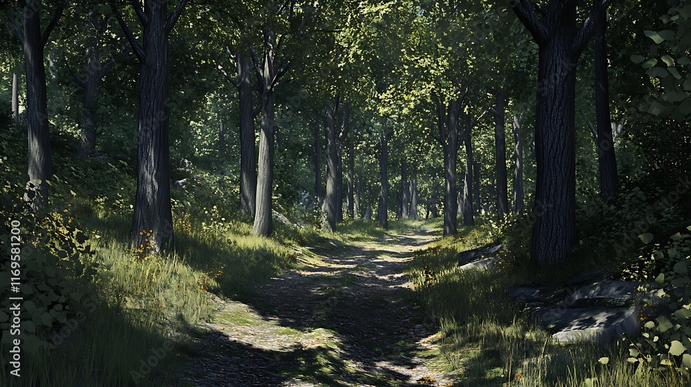 Obraz premium A peaceful forest path lined with tall trees and dappled sunlight filtering through the leaves