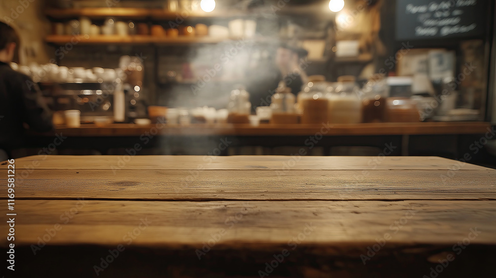 Empty Wooden Table in a Cozy Cafe Kitchen with Vibrant Activity Empty Wooden Table in a Cozy Cafe Kitchen with Vibrant Activity