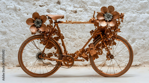 Copper bicycle adorned with metallic flowers and leaves against a white wall. photo