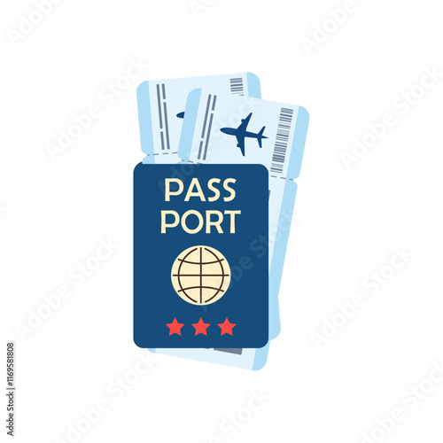 Passport with two boarding passes inside. Airplane tickets in cartoon stylisation. Travel and tourism vector concept in flat style