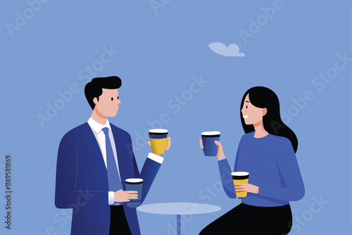 Two colleagues having a coffee break and discussing business over coffee.
