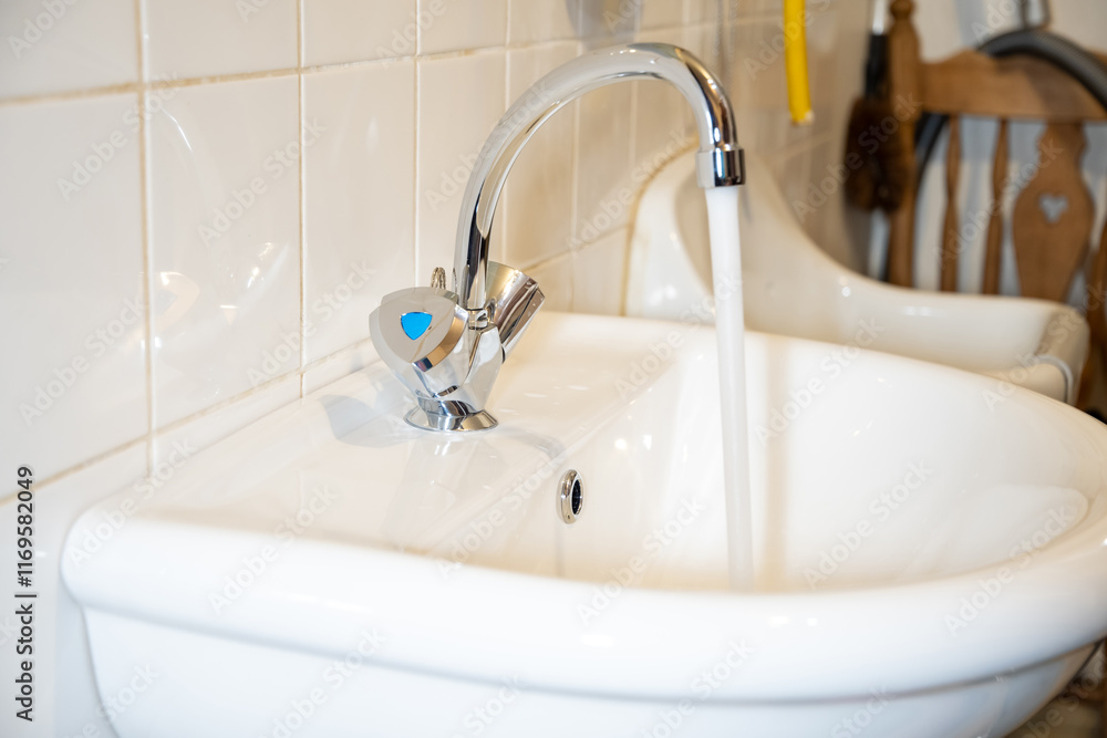 Flowing water from a shiny chrome faucet into a white sink, tiled wall background, clean and modern design concept, Flowing water from a shiny chrome faucet into a white sink, tiled wall background, clean and modern design concept,