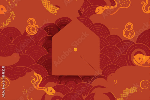 A vector background for Chinese New Year featuring a red and gold color scheme with an envelope in the center and stylized fish and swirl patterns.