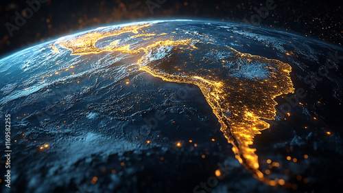 South America from Space at Night with Illuminated City Lights