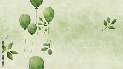   A painting of a cluster of green balloons against a textured light green background with leaves flying overhead