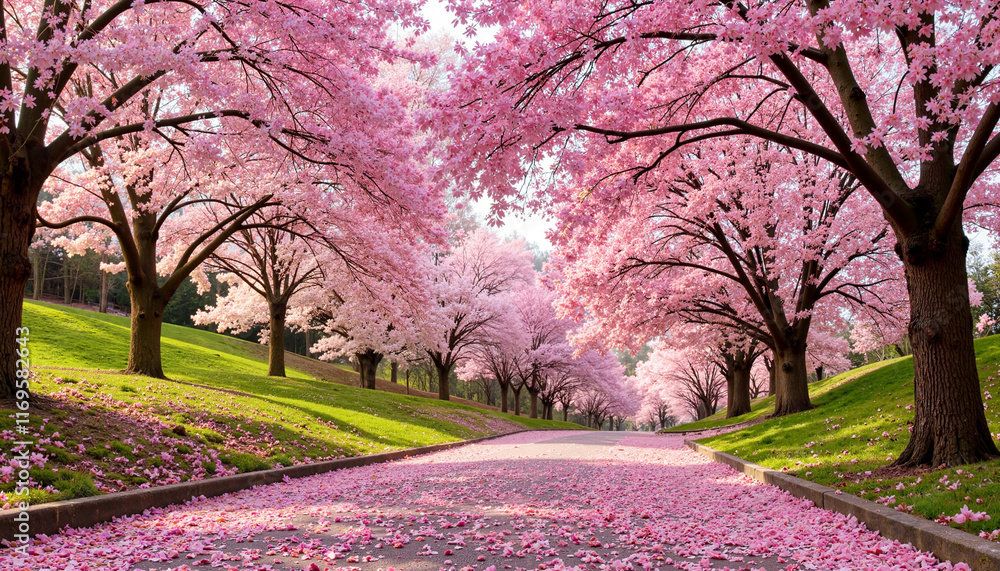 Naklejka premium Cherry blossom trees lining a picturesque pathway