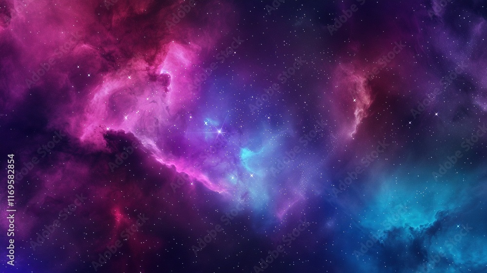 Obraz premium A vibrant space brims with glittering stars, a luminous purple-blue cloud adorned with pink and blue stars, and a brilliant blue-purple cloud crowned