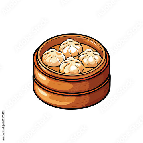 A detailed vector illustration of a traditional bamboo steamer filled with four steamed buns.
