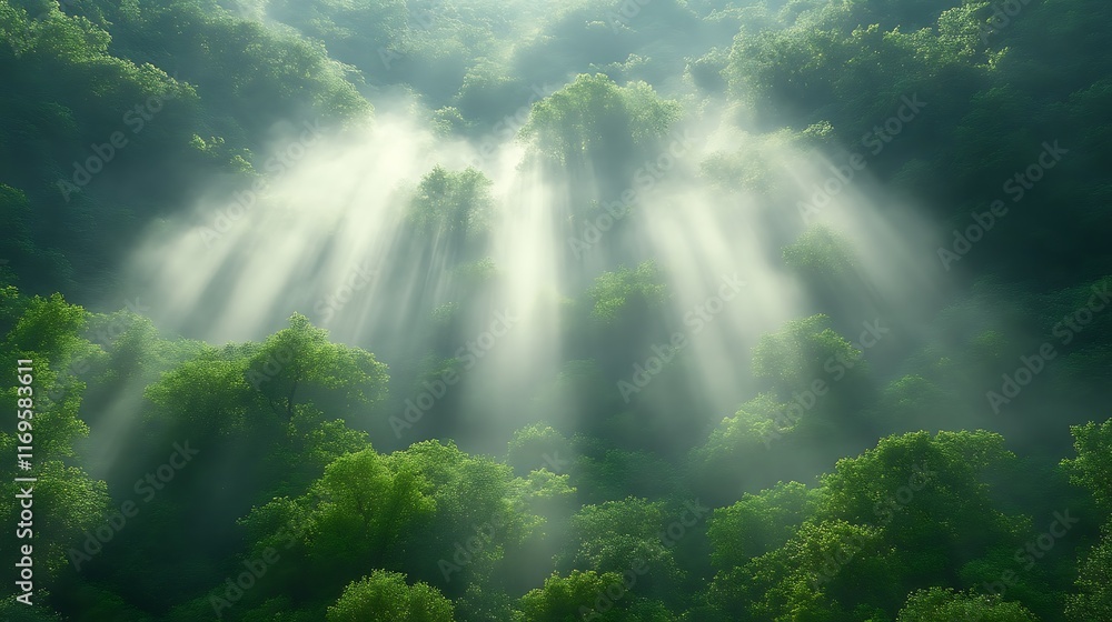 Obraz premium Sunbeams piercing misty forest canopy.