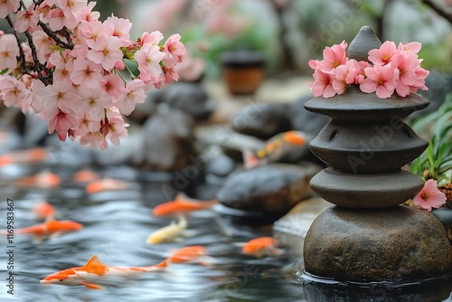 Serene koi pond with cherry blossoms and stone pagoda. photo