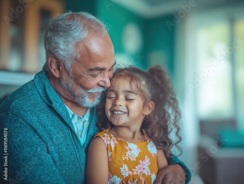 Elderly caucasian male embracing young hispanic female in warm family moment photo